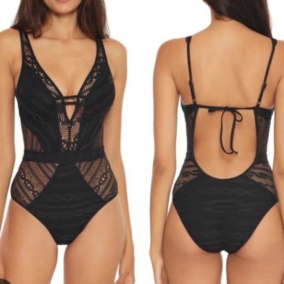 BECCA Color Play - Women's One Piece Swimsuit, Plunge Neck, Crochet, SMALL - Picture 2 of 5